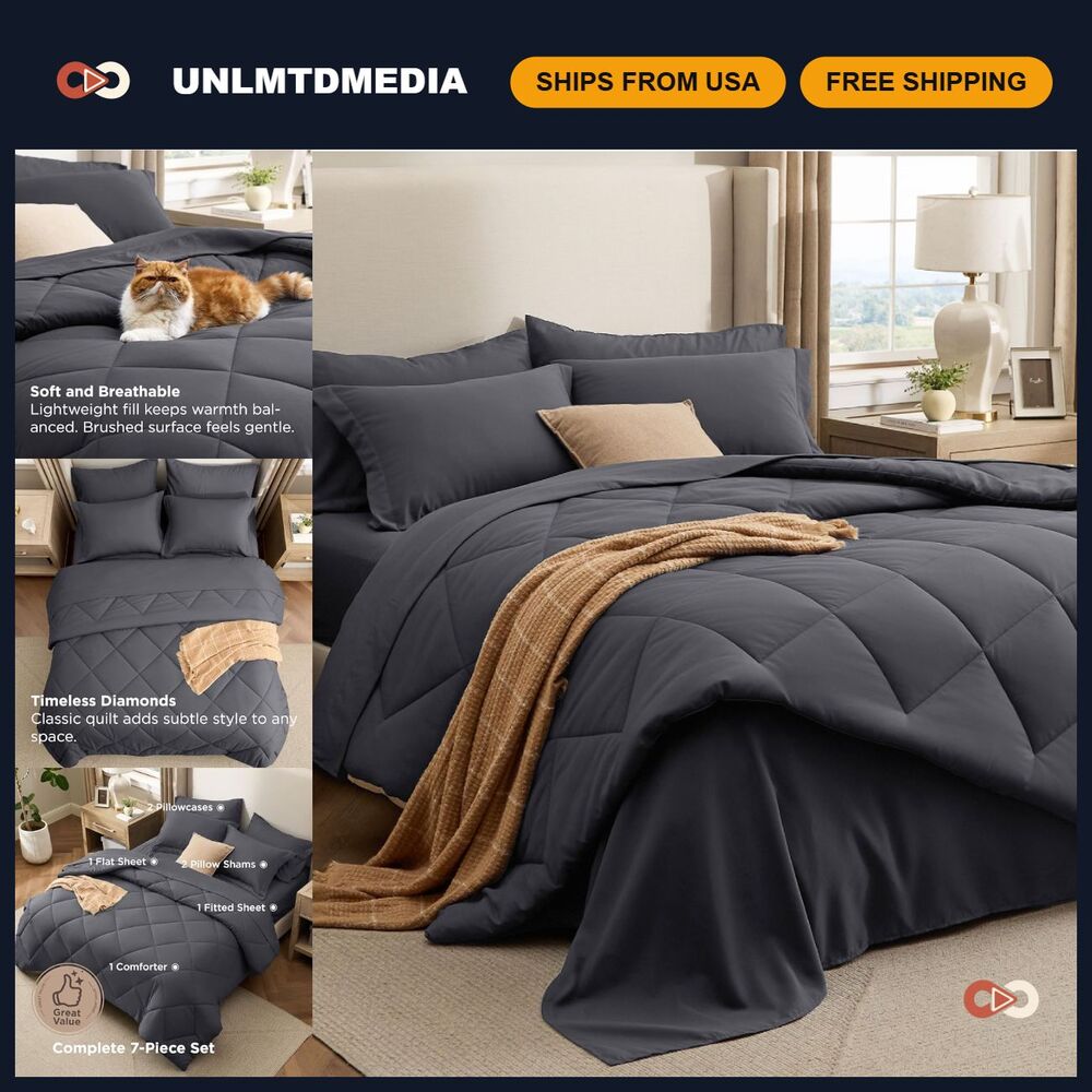 Dark Grey Queen 7-Piece Comforter Set with Sheets, Diamond Quilted Bedding